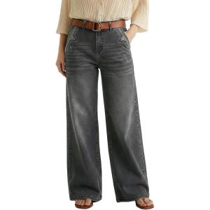 image:imageDokotoo Womens Casual Mid Waisted Distressed Straight Wide Leg Stretchy Jeans Baggy Denim PantsDark Grey