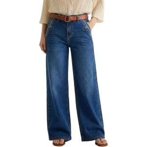 image:imageDokotoo Womens Casual Mid Waisted Distressed Straight Wide Leg Stretchy Jeans Baggy Denim PantsSail Blue