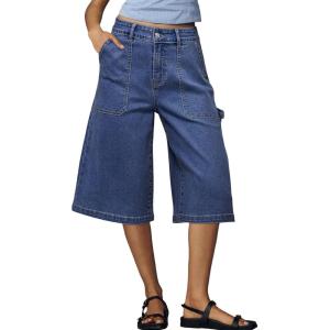 image:imageDokotoo Womens High Waisted Stretch Wide Leg Cargo Denim Shorts Casual Below The Knee Length Jean Shorts with PocketsDark Blue