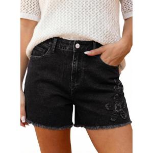 image:imageDokotoo Womens Jean Shorts Floral Embroidered High Waisted Casual Stretchy Raw Edge Hemline Denim ShortsBlack