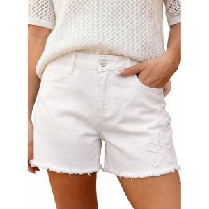 image:imageDokotoo Womens Jean Shorts Floral Embroidered High Waisted Casual Stretchy Raw Edge Hemline Denim ShortsWhite