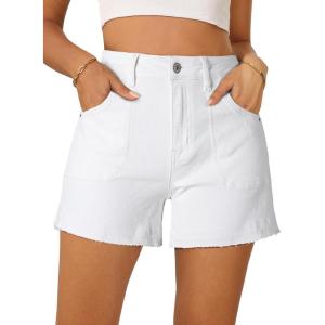 image:imageDokotoo Womens Jean Shorts Stretchy High Waisted 2026 Straight Leg Frayed Raw Hem Casual Denim Shorts with PocketsWhite