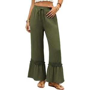image:imageDokotoo Womens Pants Casual High Waisted Wide Leg Pants Woman Loose Drawstrings Lace Trousers with PocketsGreen
