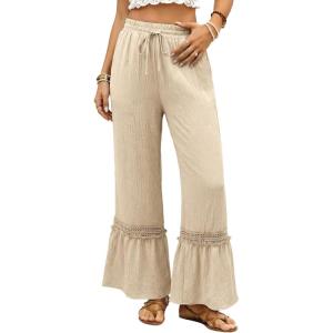 image:imageDokotoo Womens Pants Casual High Waisted Wide Leg Pants Woman Loose Drawstrings Lace Trousers with PocketsKhaki