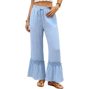 image:imageDokotoo Womens Pants Casual High Waisted Wide Leg Pants Woman Loose Drawstrings Lace Trousers with PocketsSky Blue