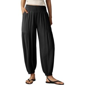 image:imageDokotoo Womens Pants Casual Smocked High Waisted Elastic Wide Leg Pants Loose Cotton Trousers with PocketsBlack