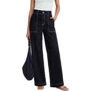 image:imageDokotoo Womens Pants High Waisted Jeans Stretch Loose Fit Colorblock Denim Pants with PocketBlack