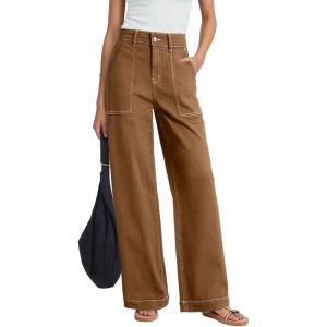 image:imageDokotoo Womens Pants High Waisted Jeans Stretch Loose Fit Colorblock Denim Pants with PocketCamel
