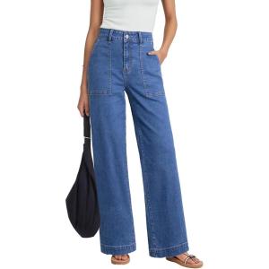 image:imageDokotoo Womens Pants High Waisted Jeans Stretch Loose Fit Colorblock Denim Pants with PocketDark Blue