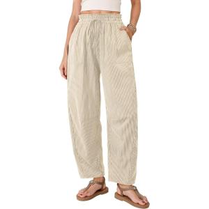 image:imageDokotoo Womens Striped Barrel Casual Pants High Waisted 2026 Elastic Drawstring TrousersBeige Stripe