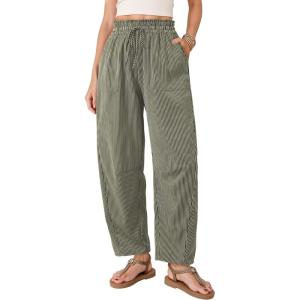 image:imageDokotoo Womens Striped Barrel Casual Pants High Waisted 2026 Elastic Drawstring TrousersGreen Stripe
