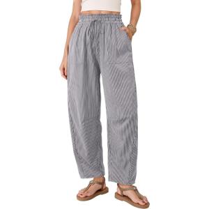 image:imageDokotoo Womens Striped Barrel Casual Pants High Waisted 2026 Elastic Drawstring TrousersLight Gray Stripe