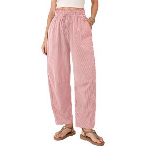 image:imageDokotoo Womens Striped Barrel Casual Pants High Waisted 2026 Elastic Drawstring TrousersPink Stripe
