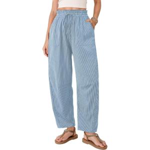 image:imageDokotoo Womens Striped Barrel Casual Pants High Waisted 2026 Elastic Drawstring TrousersSky Blue Stripe