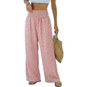 image:imageDokotoo Womens Striped Gingham Pants 2026 Casual Pants Cute Comfy Bottoms with Pockets Plaid OutfitsMineral Red