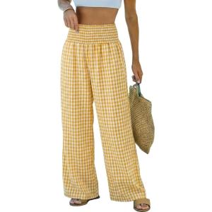 image:imageDokotoo Womens Striped Gingham Pants 2026 Casual Pants Cute Comfy Bottoms with Pockets Plaid OutfitsYellow