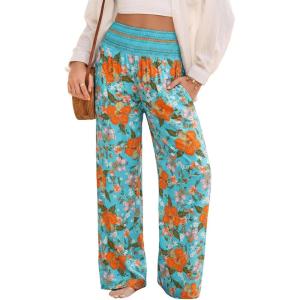 image:imageDokotoo Womens Summer Boho Floral Bagyy Pants Wide Leg High Smocked Waist Casual Loose Palazzo Pants with PocketOrange