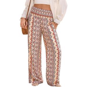 image:imageDokotoo Womens Summer Boho Floral Bagyy Pants Wide Leg High Smocked Waist Casual Loose Palazzo Pants with PocketRed