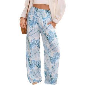 image:imageDokotoo Womens Summer Boho Floral Bagyy Pants Wide Leg High Smocked Waist Casual Loose Palazzo Pants with PocketSky Blue