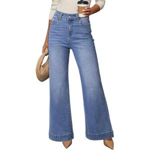 image:imageDokotoo Womens Wide Leg Baggy Flare Jeans High Waisted Stretch Casual Denim Pants with PocketsBeau Blue