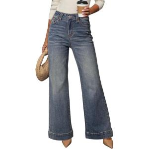 image:imageDokotoo Womens Wide Leg Baggy Flare Jeans High Waisted Stretch Casual Denim Pants with PocketsBlue Sapphire