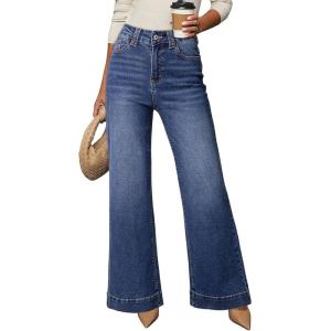 image:imageDokotoo Womens Wide Leg Baggy Flare Jeans High Waisted Stretch Casual Denim Pants with PocketsDark Blue