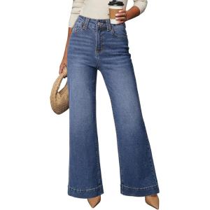 image:imageDokotoo Womens Wide Leg Baggy Flare Jeans High Waisted Stretch Casual Denim Pants with PocketsDusk Blue