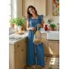 image:imageDokotoo Womens Casual Loose Overalls Jumpsuits One Piece Short Sleeve Wide Leg Smocked Waisted Long Pant RompersBlue