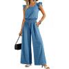 image:imageDokotoo Womens Casual Loose Overalls Jumpsuits One Piece Short Sleeve Wide Leg Smocked Waisted Long Pant RompersBlue
