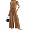 image:imageDokotoo Womens Casual Loose Overalls Jumpsuits One Piece Short Sleeve Wide Leg Smocked Waisted Long Pant RompersKhaki