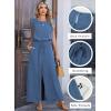 image:imageDokotoo Womens Jumpsuits Crewneck Lace Cap Sleeve Drawstring High Waist Wide Leg Casual Rompers with PocketsBlue