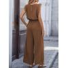 image:imageDokotoo Womens Jumpsuits Crewneck Lace Cap Sleeve Drawstring High Waist Wide Leg Casual Rompers with PocketsCoffee Brown