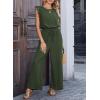 image:imageDokotoo Womens Jumpsuits Crewneck Lace Cap Sleeve Drawstring High Waist Wide Leg Casual Rompers with PocketsGreen