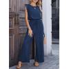 image:imageDokotoo Womens Jumpsuits Crewneck Lace Cap Sleeve Drawstring High Waist Wide Leg Casual Rompers with PocketsNavy Blue