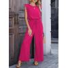image:imageDokotoo Womens Jumpsuits Crewneck Lace Cap Sleeve Drawstring High Waist Wide Leg Casual Rompers with PocketsRose Red