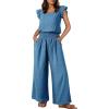 image:imageDokotoo Womens Casual Loose Overalls Jumpsuits One Piece Short Sleeve Wide Leg Smocked Waisted Long Pant RompersBlue