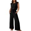 image:imageDokotoo Womens Jumpsuits Crewneck Lace Cap Sleeve Drawstring High Waist Wide Leg Casual Rompers with PocketsBlack