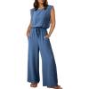 image:imageDokotoo Womens Jumpsuits Crewneck Lace Cap Sleeve Drawstring High Waist Wide Leg Casual Rompers with PocketsBlue