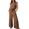 image:imageDokotoo Womens Jumpsuits Crewneck Lace Cap Sleeve Drawstring High Waist Wide Leg Casual Rompers with PocketsCoffee Brown