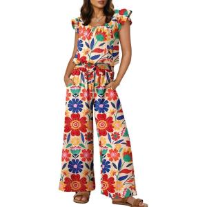 image:imageDokotoo Jumpsuits for Women 2026 Summer Ruffle Sleeves Square Neck Rompers Drawstring Overalls with PocketsBluegeometric