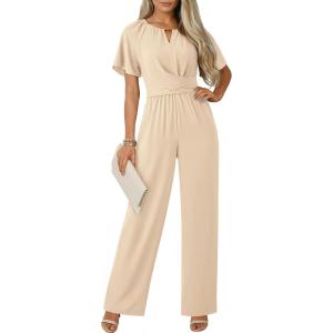 image:imageDokotoo Jumpsuits for Women Dressy Casual Overalls One Piece Short Sleeve Wide Leg Elegant Rompers Jumpers With PocketsApricot