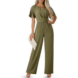 image:imageDokotoo Jumpsuits for Women Dressy Casual Overalls One Piece Short Sleeve Wide Leg Elegant Rompers Jumpers With PocketsGreen