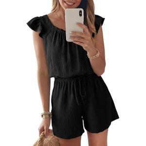 image:imageDokotoo Rompers for Women 2026 Summer Ruffle Sleeves Square Neck Drawstring Casual Jumpsuits with PocketsBlack