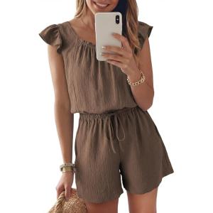 image:imageDokotoo Rompers for Women 2026 Summer Ruffle Sleeves Square Neck Drawstring Casual Jumpsuits with PocketsBrown