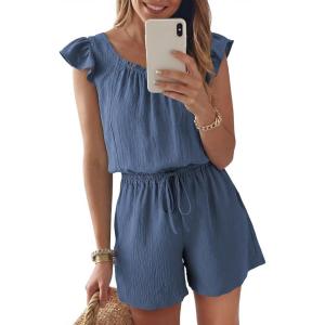 image:imageDokotoo Rompers for Women 2026 Summer Ruffle Sleeves Square Neck Drawstring Casual Jumpsuits with PocketsLight Blue