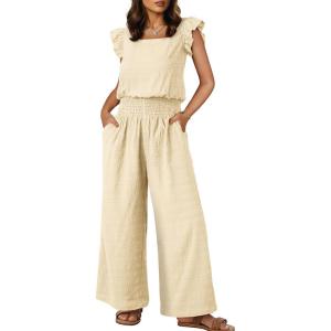 image:imageDokotoo Womens Casual Loose Overalls Jumpsuits One Piece Short Sleeve Wide Leg Smocked Waisted Long Pant RompersApricot