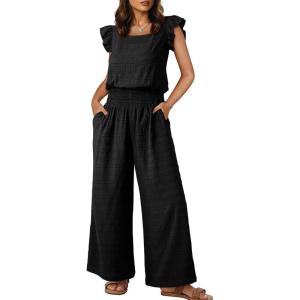 image:imageDokotoo Womens Casual Loose Overalls Jumpsuits One Piece Short Sleeve Wide Leg Smocked Waisted Long Pant RompersBlack
