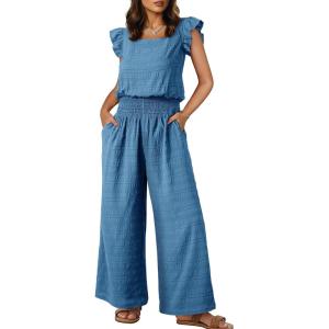 image:imageDokotoo Womens Casual Loose Overalls Jumpsuits One Piece Short Sleeve Wide Leg Smocked Waisted Long Pant RompersBlue