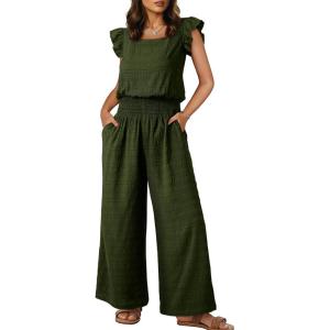 image:imageDokotoo Womens Casual Loose Overalls Jumpsuits One Piece Short Sleeve Wide Leg Smocked Waisted Long Pant RompersGreen