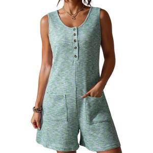 image:imageDokotoo Womens Casual Rompers Loose Waffle Knit Overalls One Piece Sleeveless Wide Leg Short Pant Jumpsuits With PocketsLight Green